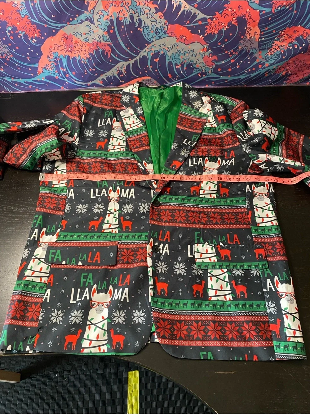 Festive Llama Print Holiday Blazer - Green Lining